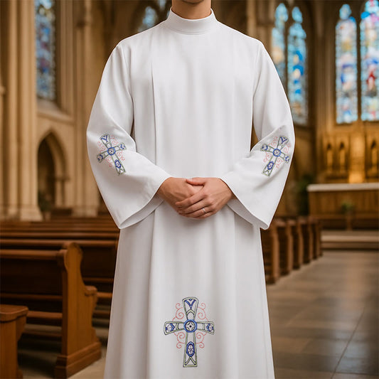 Christianartworkshop Traditional White High Collar Cassock with Ornate Colorful Cross