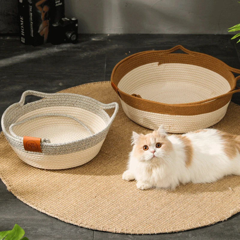 Cat Bed Handmade Rattan Woven Pet Nest Removable Washable Warm Pad All-Season Cat Scratch Board Winter Warm Cat House for Cats