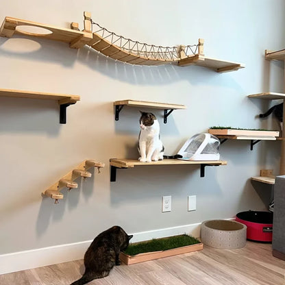 Wall Mounted Cat Tree with Sisal Scratching Post, Climbing Ladder, Jumping Platform and Hammock, creating a fun place for cats!
