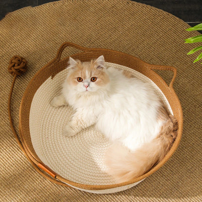 Cat Bed Handmade Rattan Woven Pet Nest Removable Washable Warm Pad All-Season Cat Scratch Board Winter Warm Cat House for Cats