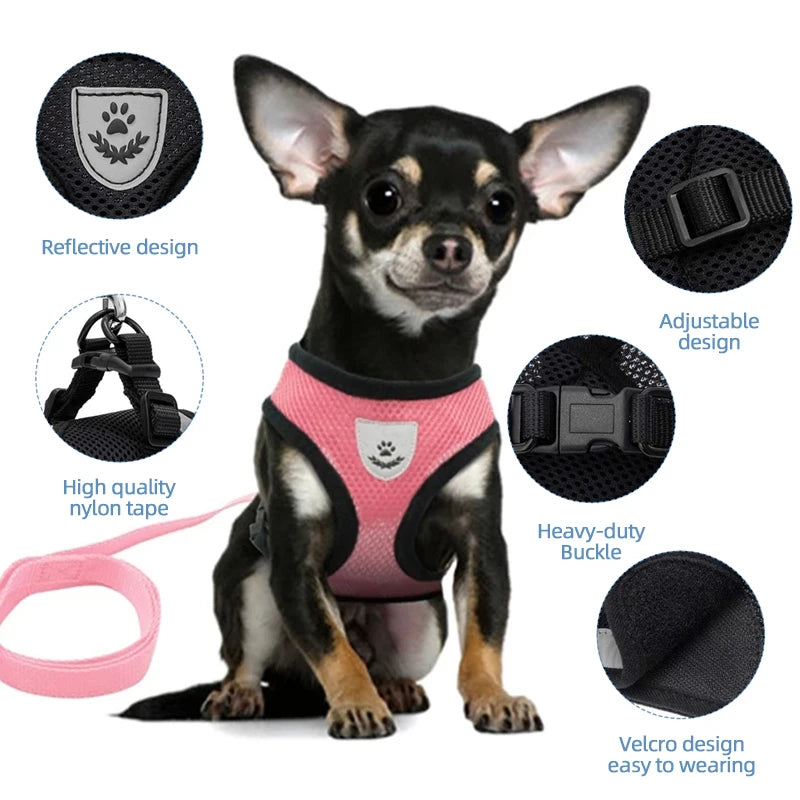 French Bulldog Harness for Small Dogs — Soft Mesh Breathable Vest, Adjustable Reflective No-Pull Harness with Leash for Puppies