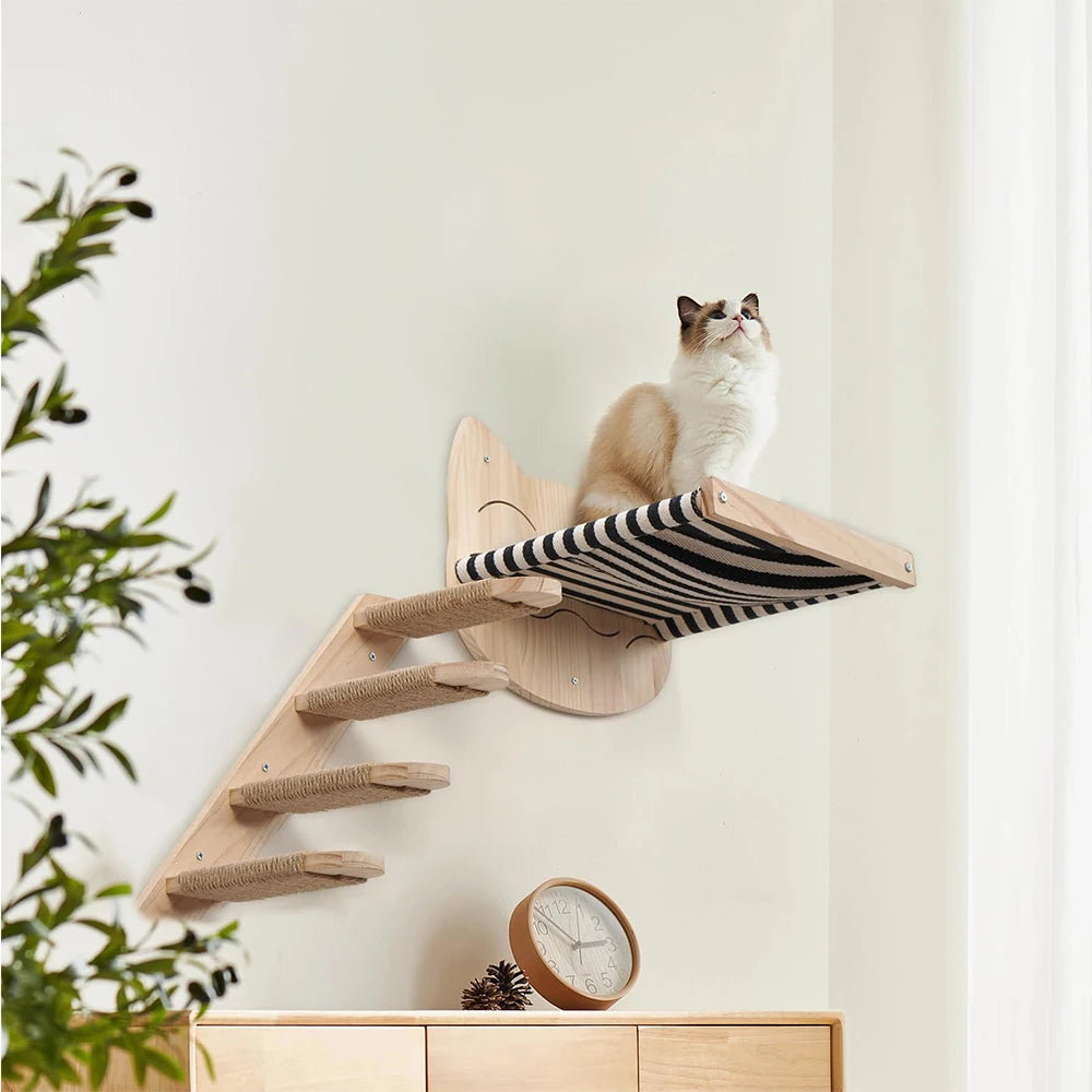 Wall Mounted Cat Tree Wooden Shelves Scratching Posts Climbing Cat Perches Hammock with Steps and Ladder Pet Wooden Furniture