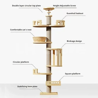 Large Cat Tree House Tower To Floor Adjustable Multi-Level Climbing Toy Cat Climbing Frame Pet Products with Scratching Post