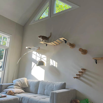 Wall Mounted Cat Tree with Sisal Scratching Post, Climbing Ladder, Jumping Platform and Hammock, creating a fun place for cats!