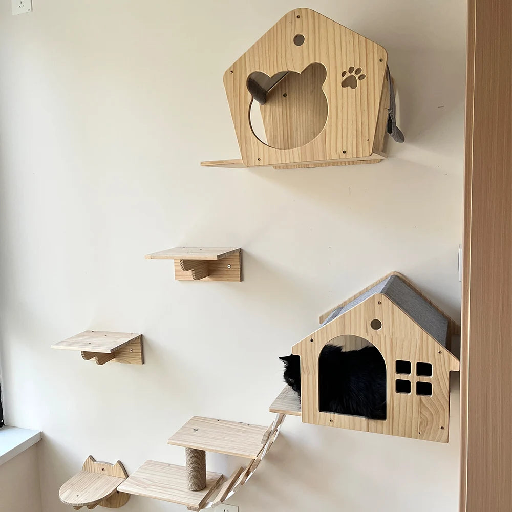 Wall Mounted Cat Tree Wooden Shelves Scratching Posts Climbing Cat Perches Hammock with Steps and Ladder Pet Wooden Furniture