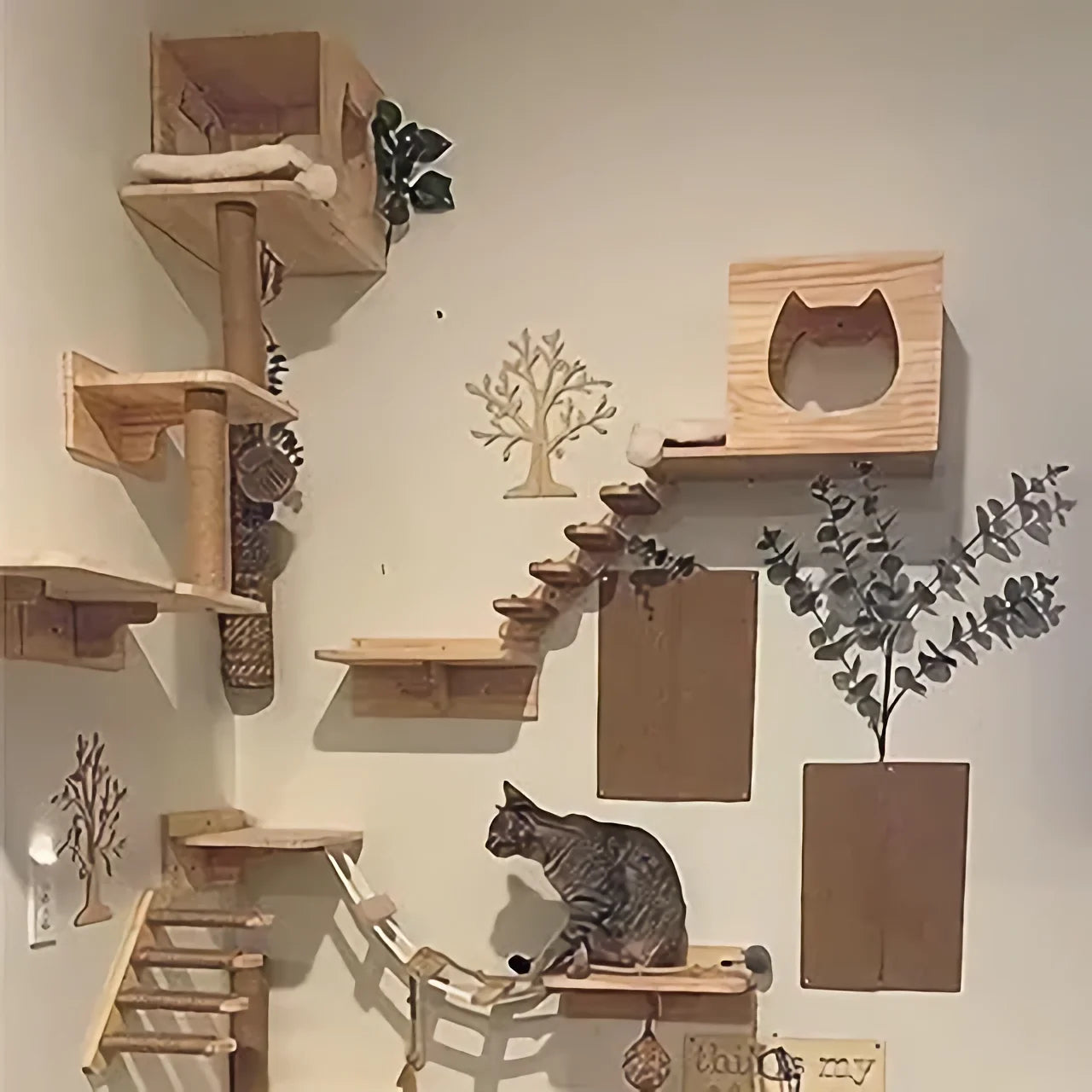 Wall Mounted Cat Tree with Sisal Scratching Post, Climbing Ladder, Jumping Platform and Hammock, creating a fun place for cats!
