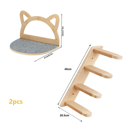 Wall Mounted Cat Tree Wooden Shelves Scratching Posts Climbing Cat Perches Hammock with Steps and Ladder Pet Wooden Furniture