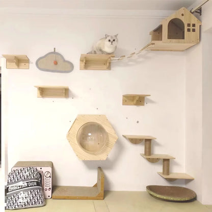 Wall Mounted Cat Tree Wooden Shelves Scratching Posts Climbing Cat Perches Hammock with Steps and Ladder Pet Wooden Furniture