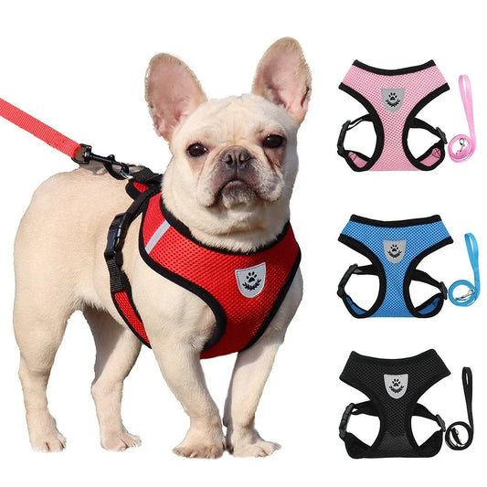 French Bulldog Harness for Small Dogs — Soft Mesh Breathable Vest, Adjustable Reflective No-Pull Harness with Leash for Puppies