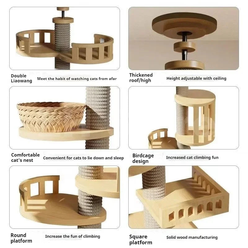 Large Cat Tree House Tower To Floor Adjustable Multi-Level Climbing Toy Cat Climbing Frame Pet Products with Scratching Post