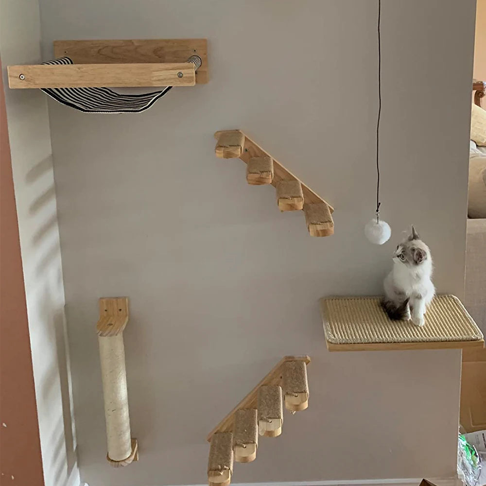Wall Mounted Cat Tree with Sisal Scratching Post, Climbing Ladder, Jumping Platform and Hammock, creating a fun place for cats!