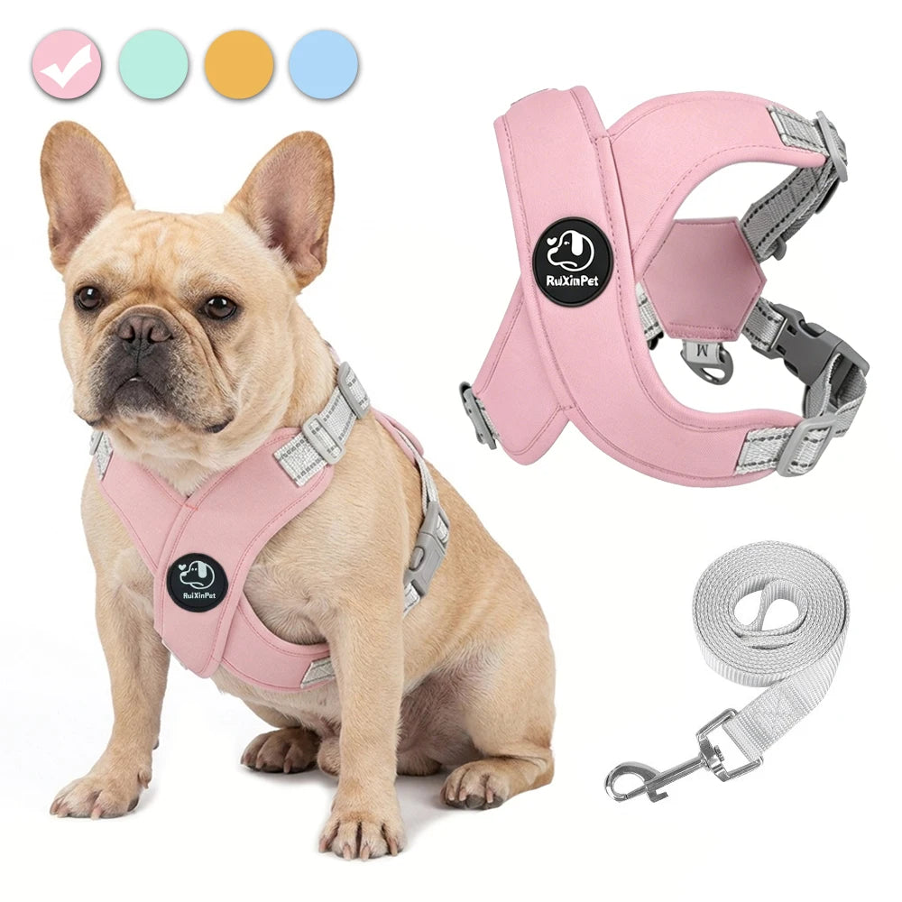 French Bulldog Harness and Leash Set — Reflective Adjustable Vest with Metal D-Ring, Breathable No-Pull Walking Harness for Small Dogs