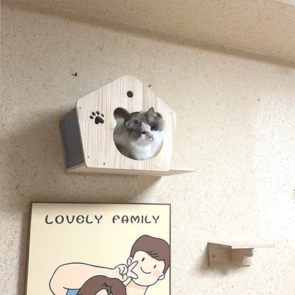 Wall Mounted Cat Tree Wooden Shelves Scratching Posts Climbing Cat Perches Hammock with Steps and Ladder Pet Wooden Furniture